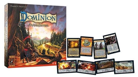 Dominion: Avonturen uitbreidingsspel met doos en zeven speelkaarten.