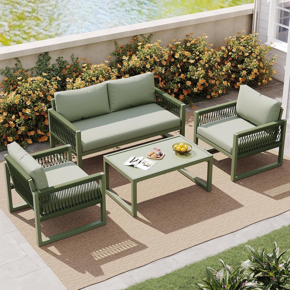 Luxe Modulaire Groene Rope Loungeset 4-Delig met Gegalvaniseerd IJzeren Frame, Glazen Tafel en Extra Dikke Kussens 120x65x72 cm