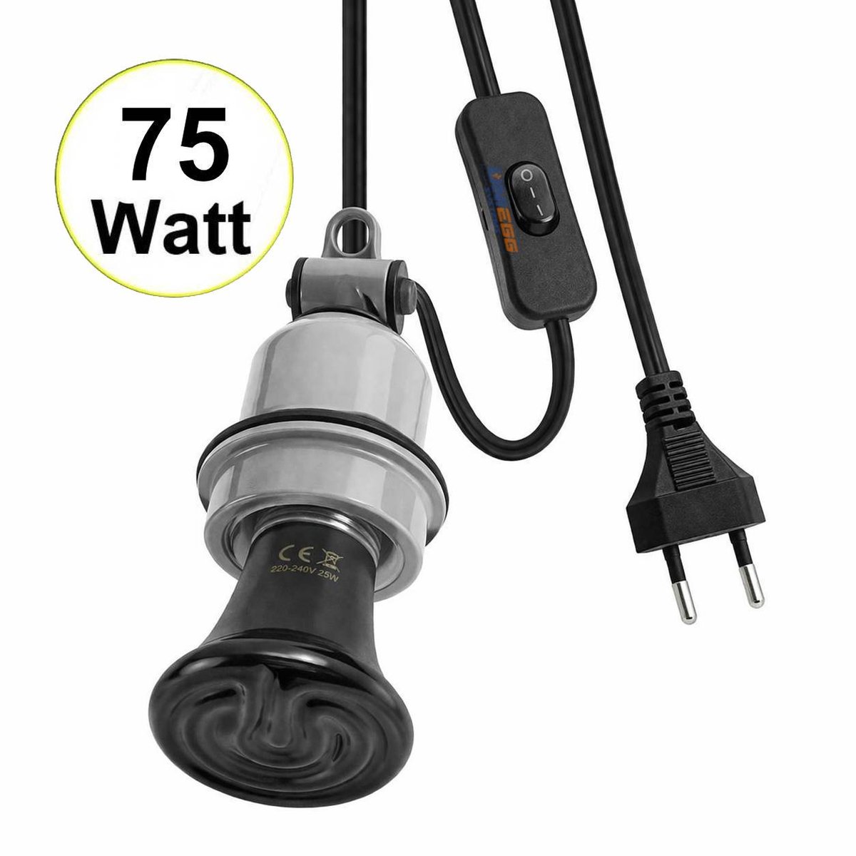 UniEgg® Keramische Lampenhouder met 100cm snoer en aan/uit schakelaar inclusief 75 watt keramische warmtelamp | Geschikt voor Keramische en infrarood Warmtelampen (E27) Kuikens, Reptielen, en Amfibieën -