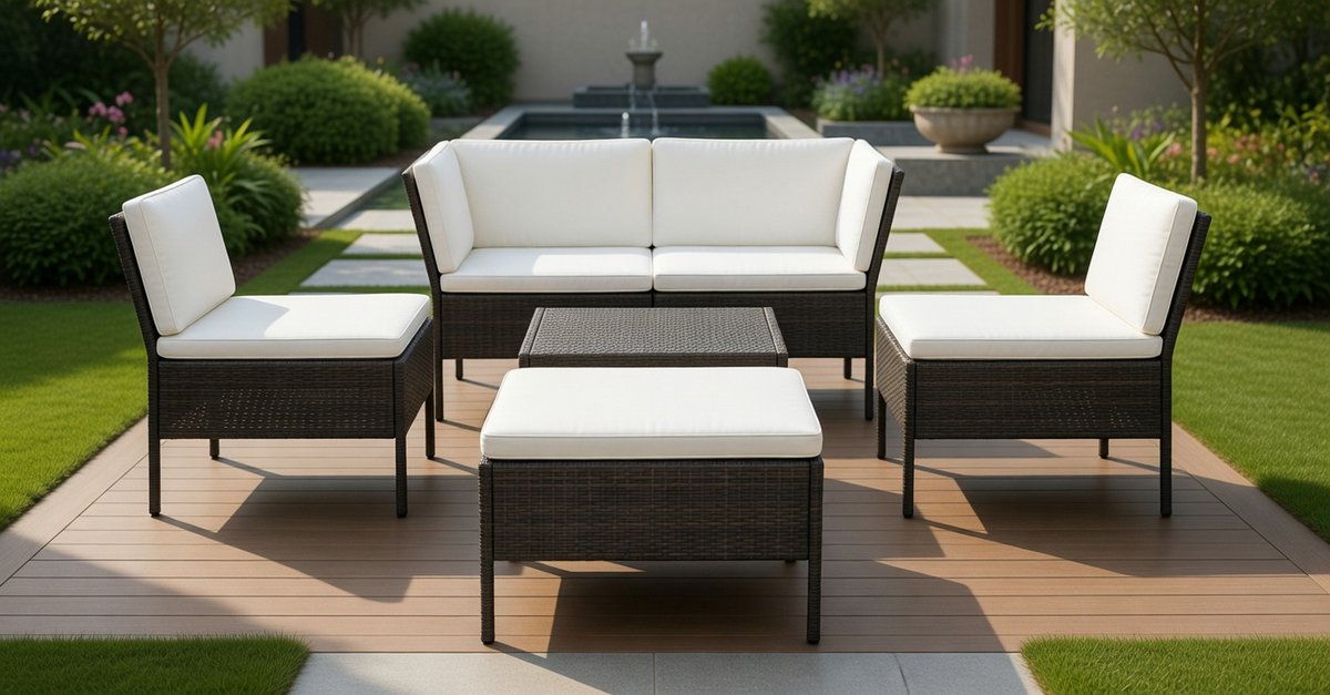Luxe 6-delige Polyrotan Tuinloungeset met Kussens – Modulair Tuinmeubel voor Binnen & Buiten – Zwart Medahomestore