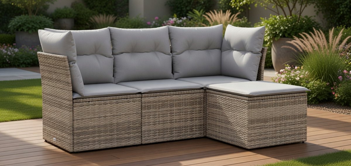 Luxe 4-Delige Tuinmeubelset met Kussens – Beige Polyrotan Loungeset voor Buiten – Comfortabel Tuinmeubilair met Opbergfunctie – MedaHomeStore