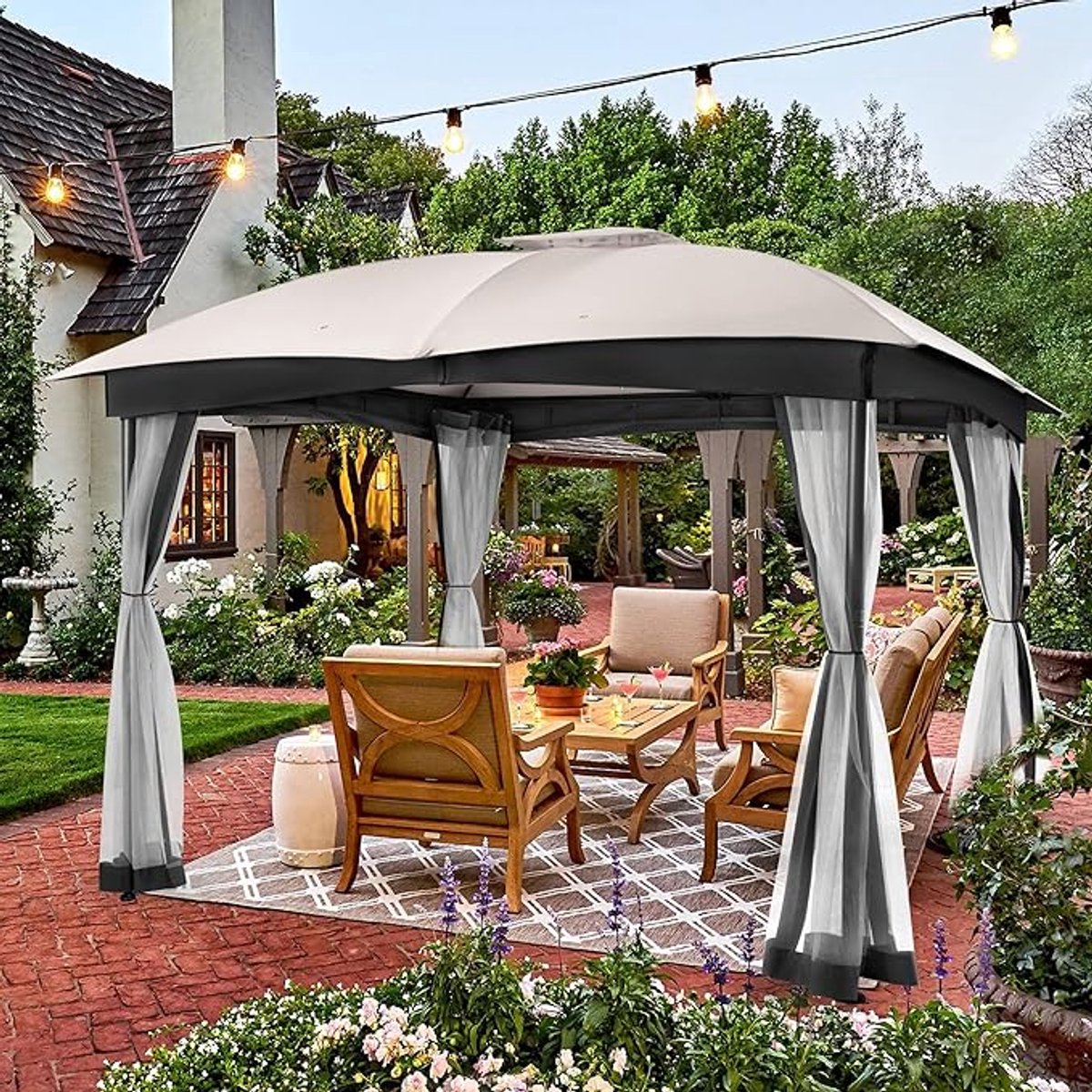 Tuinpaviljoen 3x3 m Waterdicht met Muggennet en Dubbel Dak – Stalen Frame, UV-Bescherming, Ventilatie, Winterbestendig, Pergola Asgrijs – Laura