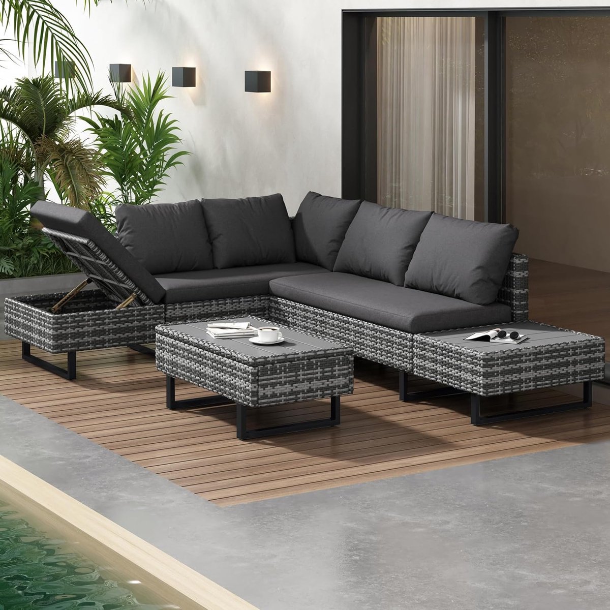 Modulaire Poly Rattan Loungeset 4-5 Personen met Hoekbank, Verstelbare Relaxstoel, Tafel en Kussens – Tuinset / Lounge Set