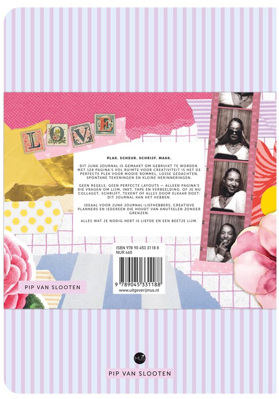 Achterkant Pip van Slooten Junk Journal met tekst, collages en een foto van drie vrouwen.