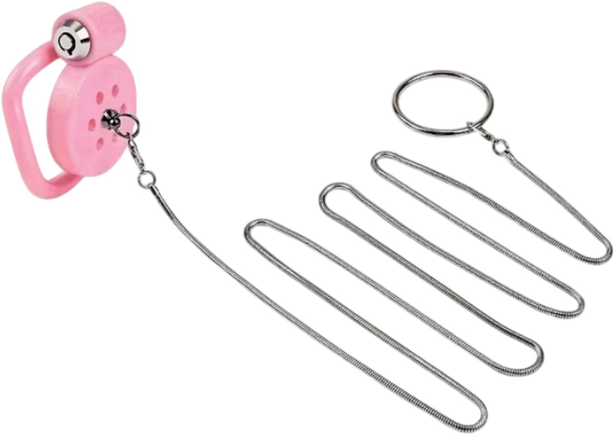 Mini peniskooi - roze - ketting - sissy - sub - Metalen Uitlaatlijn - kuisheid - cock cage - kinky