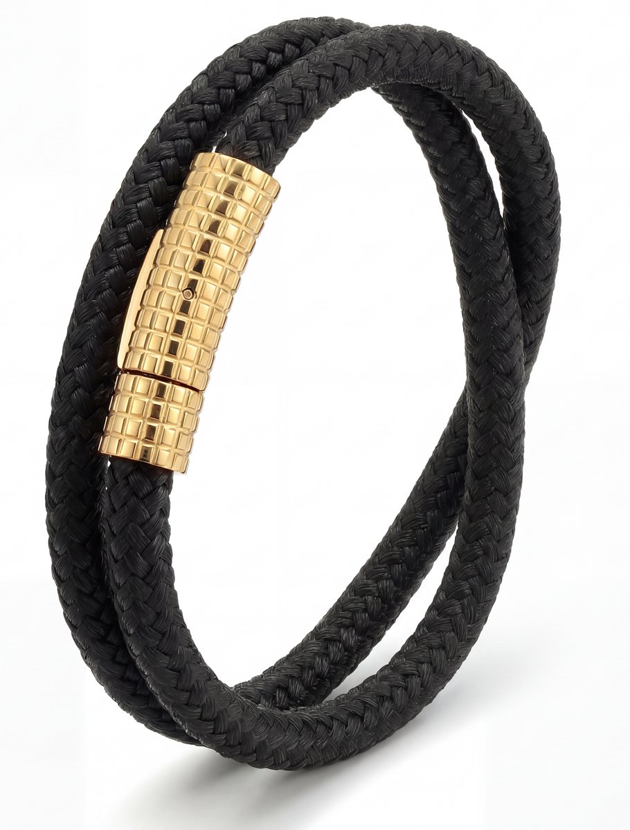 Armband zwart 19.5cm - Touwarmband met gouden hoogglans sluiting heren en dames - met Cadeauverpakking van Mauro Vinci