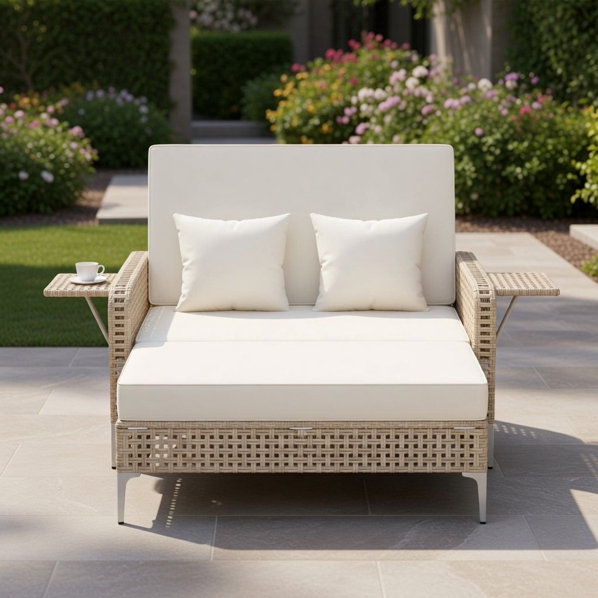 Luxe Polyrotan 2-zits Zonnebed en Loungeset met Verstelbare Rugleuning, Uitklapbare Zijtafels, Opbergottoman en Comfortabele Kussens – Tuinbank en Balkonmeubelset Beige Medahomestore