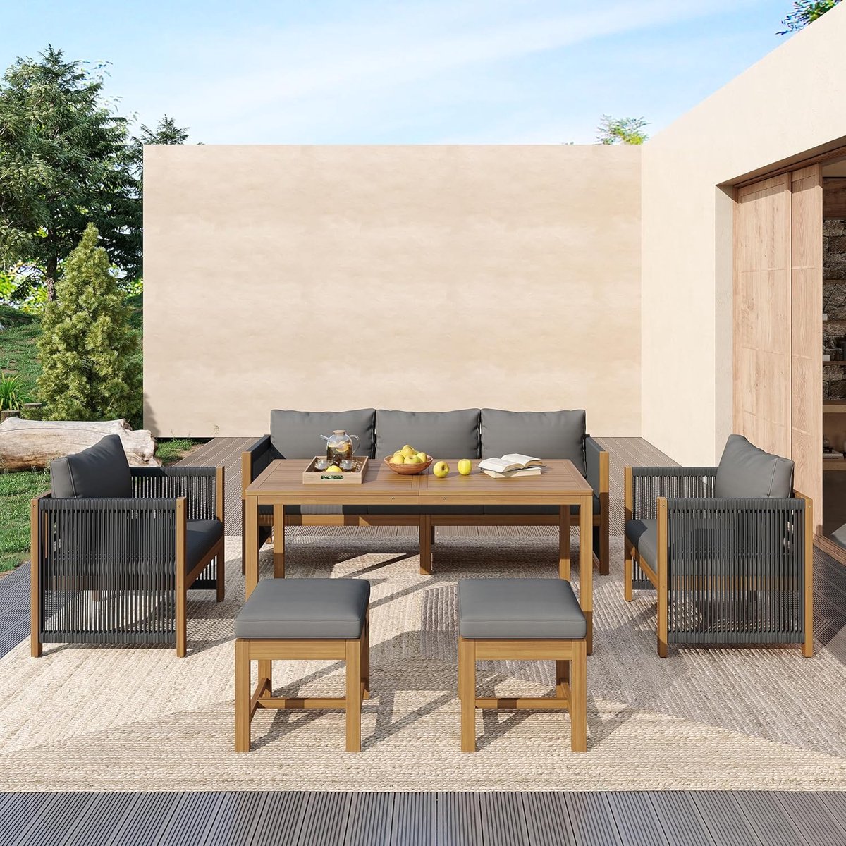 Luxe 6-delige Acacia Houten Rope Loungeset met Eettafel voor 7 Personen, 3-zitsbank, 2 fauteuils en 2 krukjes – Weerbestendige Tuinmeubel Set met Kussens (Grijs A)