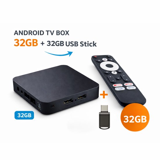 Android TV Box 4K - 64GB Opslag - Streaming Box - 2GB RAM - Wifi 5 - Bluetooth - Inclusief USB Stick