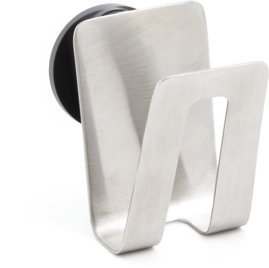 Zilverkleurige metalen spons houder op witte achtergrond.