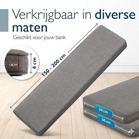 Donkergrijs bankkussen 150-200 cm lang, 24cm en 30cm breed, 4cm dik met ritssluiting.
