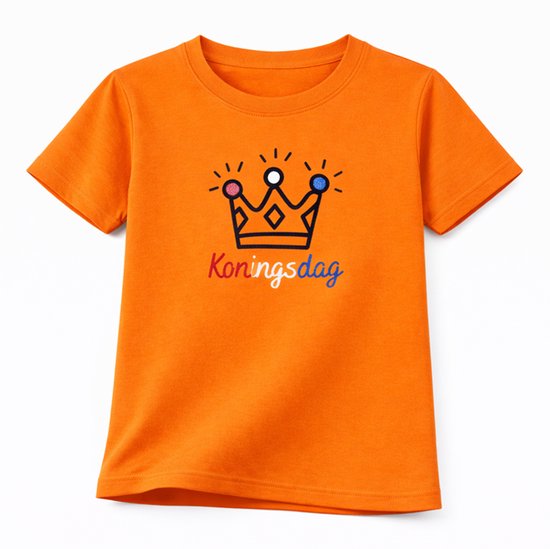 Oranje shirt kinderen glitter kroontje | Koningsdag kleding kinderen | Oranje | Kind 6-7 jaar | Maat 122