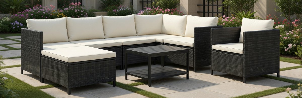 Luxe 7-Delige Loungeset met Hoekbank en Voetenbankjes – Zwart/Crème Polyrattan Tuinset Weerbestendig – Inclusief Kussens – MedaHomeStore