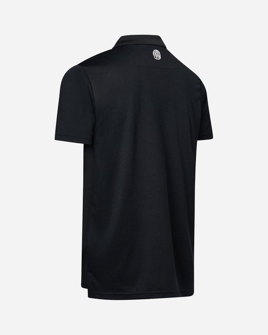 Zwart Robey poloshirt, gezien vanaf de achterkant, met een cirkelvormig logo op het kraagje.