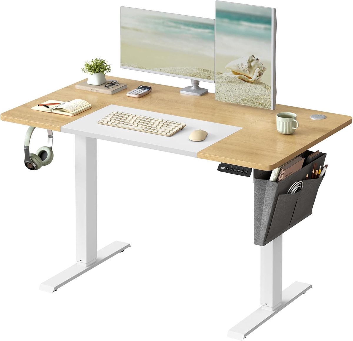 SONGMICS Elektrisch in hoogte verstelbaar bureau, 120 x 60 x (72-120) cm, traploos verstelbaar, gesplitst blad, geheugenfunctie met 4 hoogtes, pastelgeel-onderstel wit LSD015N01
