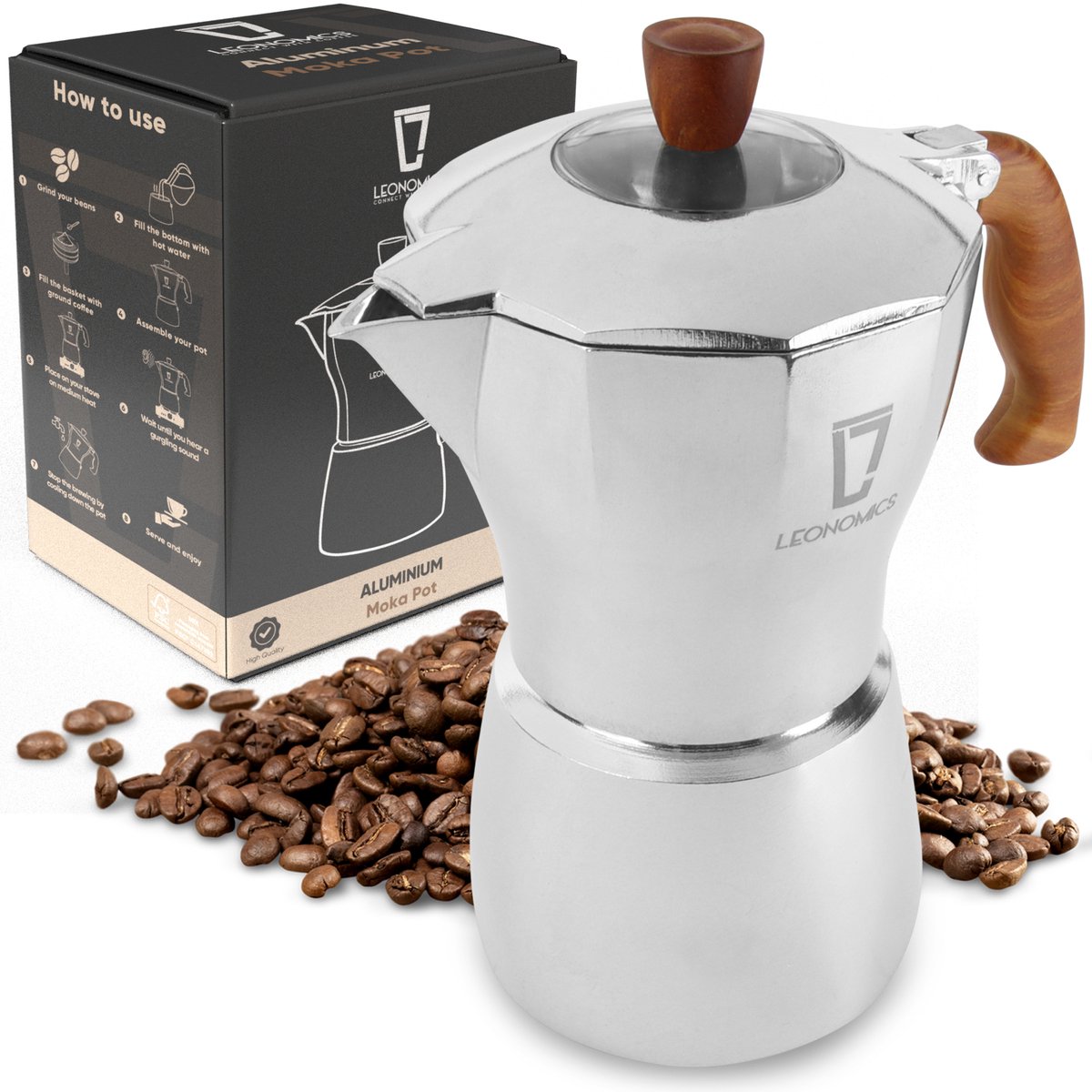 Leonomics Percolator 300 ml 6 Koffiekopjes – Aluminium Moka Pot – Espressomaker met houten handvat en vitrinedeksel