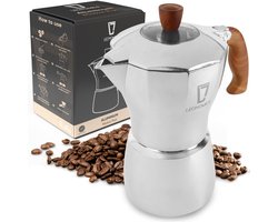 Leonomics Percolator 300 ml 6 Koffiekopjes – Aluminium Moka Pot – Espressomaker met houten handvat en vitrinedeksel