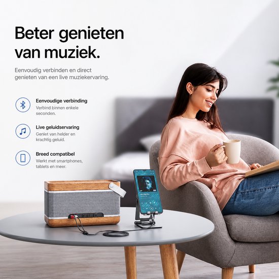 Une femme écoutant de la musique depuis son téléphone avec des écouteurs, connectée à une enceinte en bois.