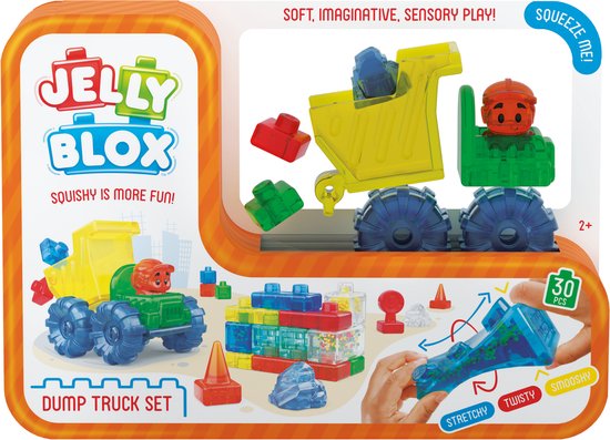 Verpakking van Jelly Blox Dump Truck Set. Bevat een gele kiepwagen, bouwblokken en accessoires. Met tekst 'SOFT, IMAGINATIVE, SENSORY PLAY!' en 'SQUEEZE ME!'.