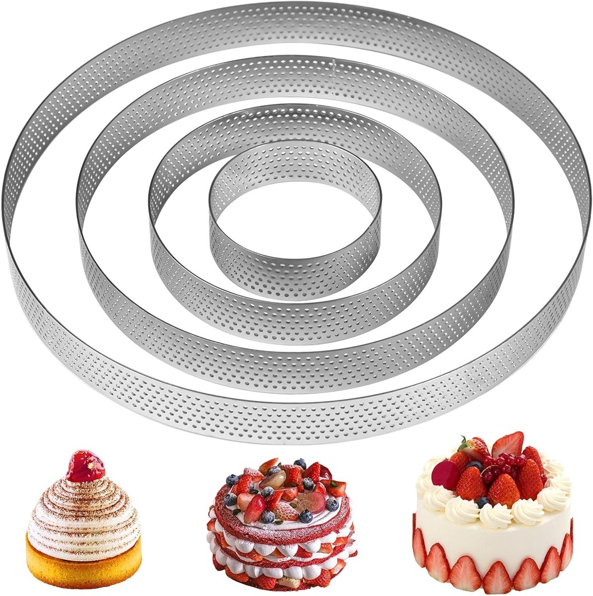 Set van 4 Dessert Ringen van RVS met Holes - Mousse Ringen, Taartvormen en Muffin Ringen voor Perfecte Desserts, Diameter 6/10/15/20 cm