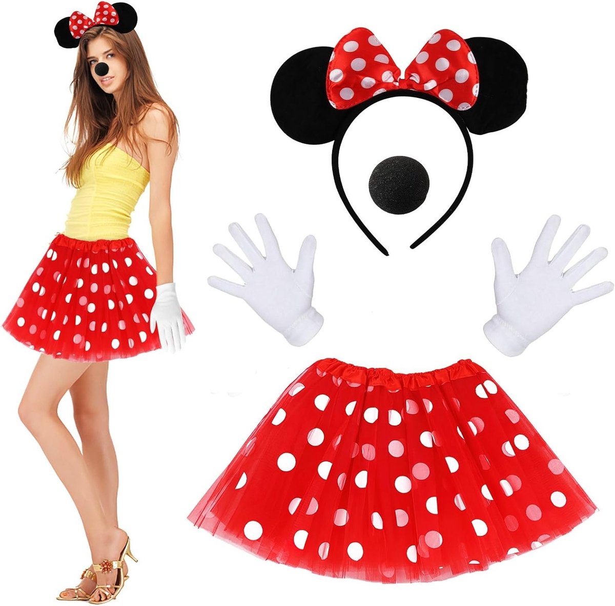 Dames en Kinderen Muiskostuum met Rood Mini Tutu, Witte Stipjes, Oren en Handschoenen voor Carnaval en Cosplay Feestjes
