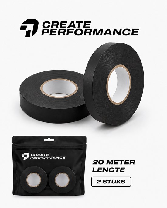 Deux rouleaux de bande de sport noire à côté d'un emballage fermé contenant deux rouleaux. Le texte "CREATE PERFORMANCE", "LONGUEUR 20 MÈTRE", "2 PIÈCES" est visible.