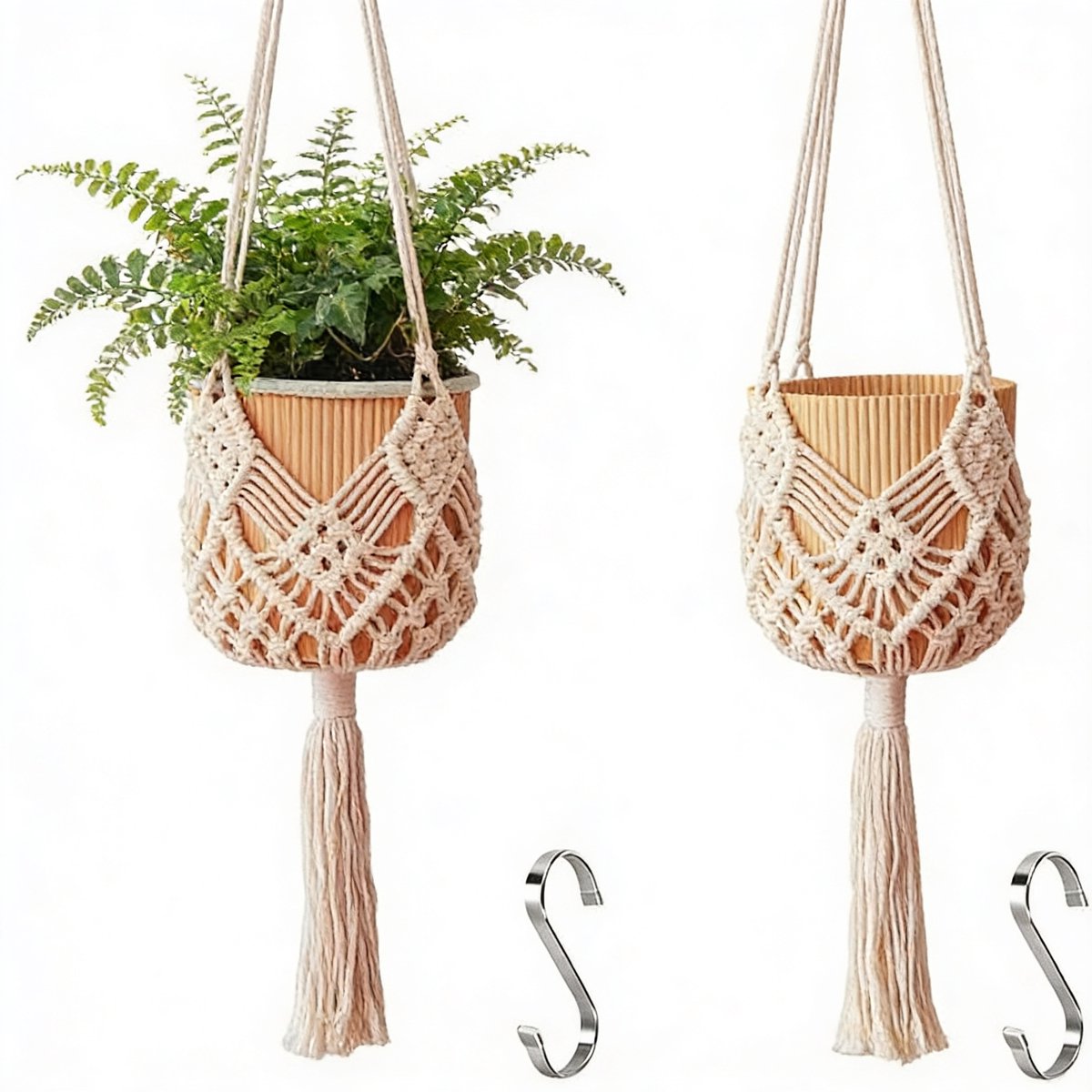Plantenhanger Set 2 Stuks Luxe Macramé Boho Design Voor Sfeervolle Decoratie – Hangplant Houder Van Katoen Voor Binnen en Buiten Gebruik – Hangende Bloempot Met Stevig Touw | Stijlvolle Bohemian Uitstraling Voor Elk Interieur