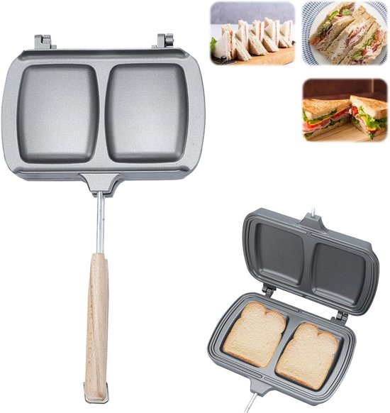 Omkeerbare Tosti-Ijzer - Ontbijtmachine - Dubbelzijdige Koekenpan - Contactgrill - Sandwichplaat - Gasbroodrooster Met Antiaanbaklaag - Sandwichplaat - Met Handvat - Voor Ontbijt Pannenkoeken, Toast, omelet - Grijs