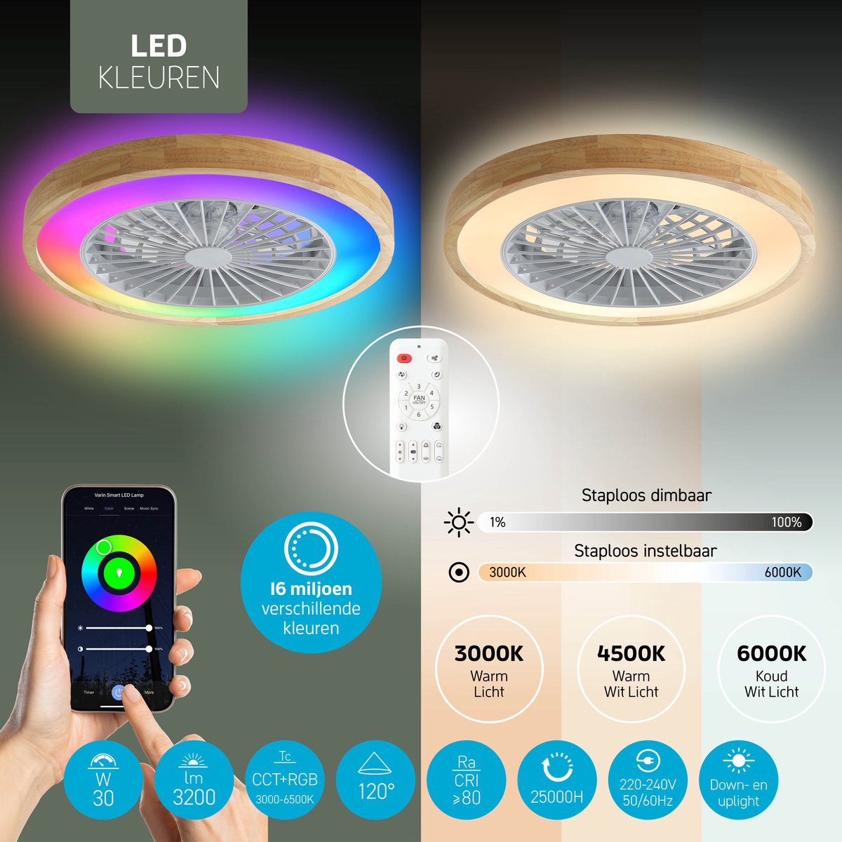 Varin Plafondventilator met verlichting - Licht hout thumbnail 4