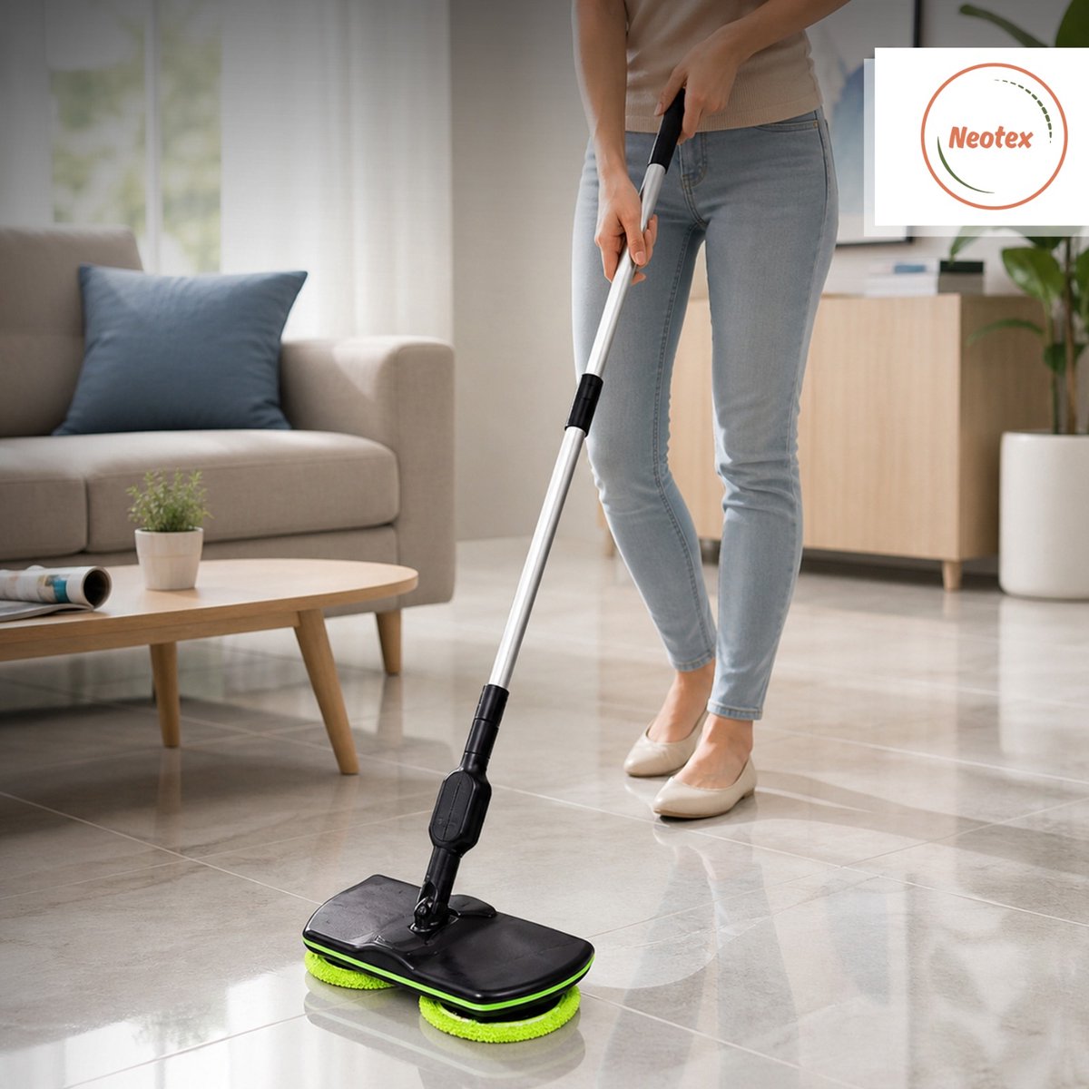 Neotex® Snoerloze Elektrische Dweil – Roterende Mop – Draadloos & Oplaadbaar – Verstelbare Steel – Microvezel – Geschikt voor Alle Vloeren