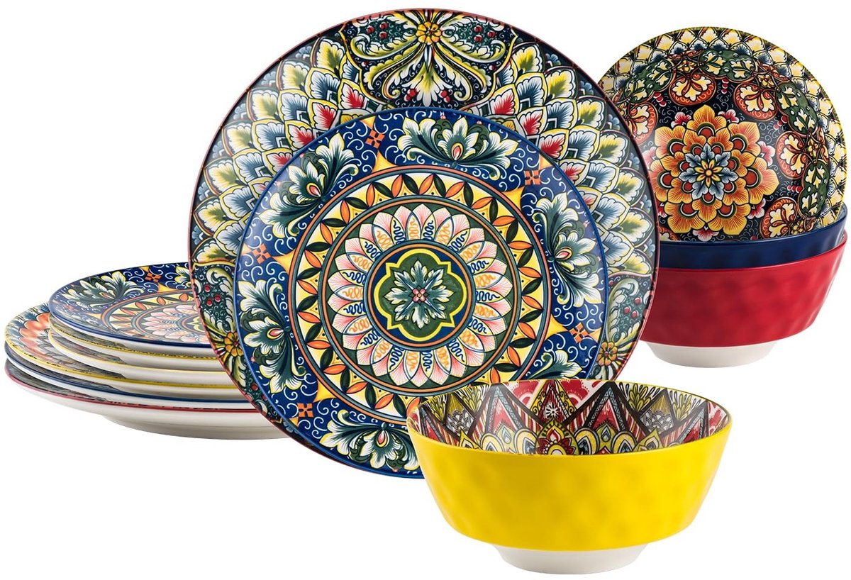 Store_9 - Tafelservies - Porseleinen serviesset - 12-delig voor 4 personen - Bont - Bohemian stijl - Vaatwasserbestendig - Magnetron geschikt