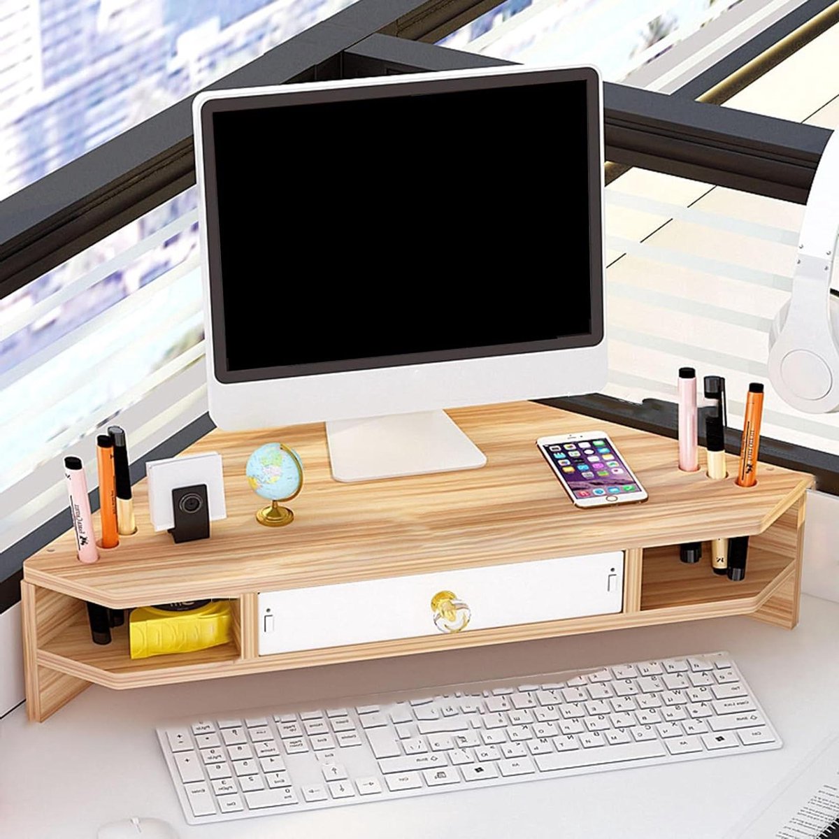 Monitorstandaard met lade - Bureau organizer - Werkruimte optimaliseren - Ruimtebesparend hoekontwerp - 556 cm breed - Bruin