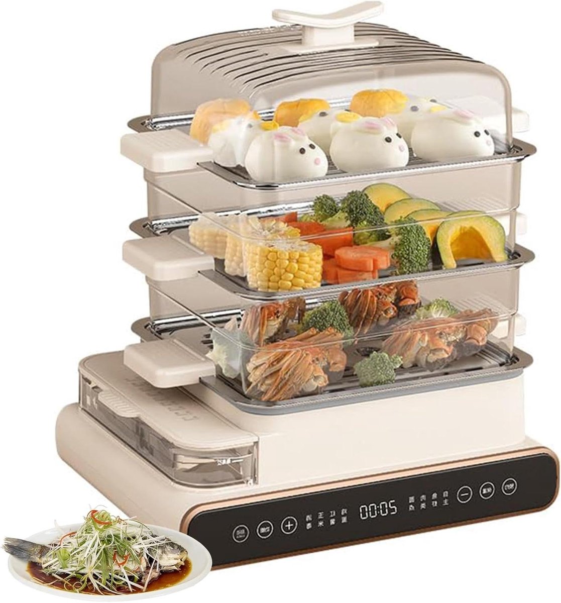 Elektrische Stoomkoker - Multicooker - Gezond Koken - 3 Lagen Snel Stoom - 20 Liter - Off-white