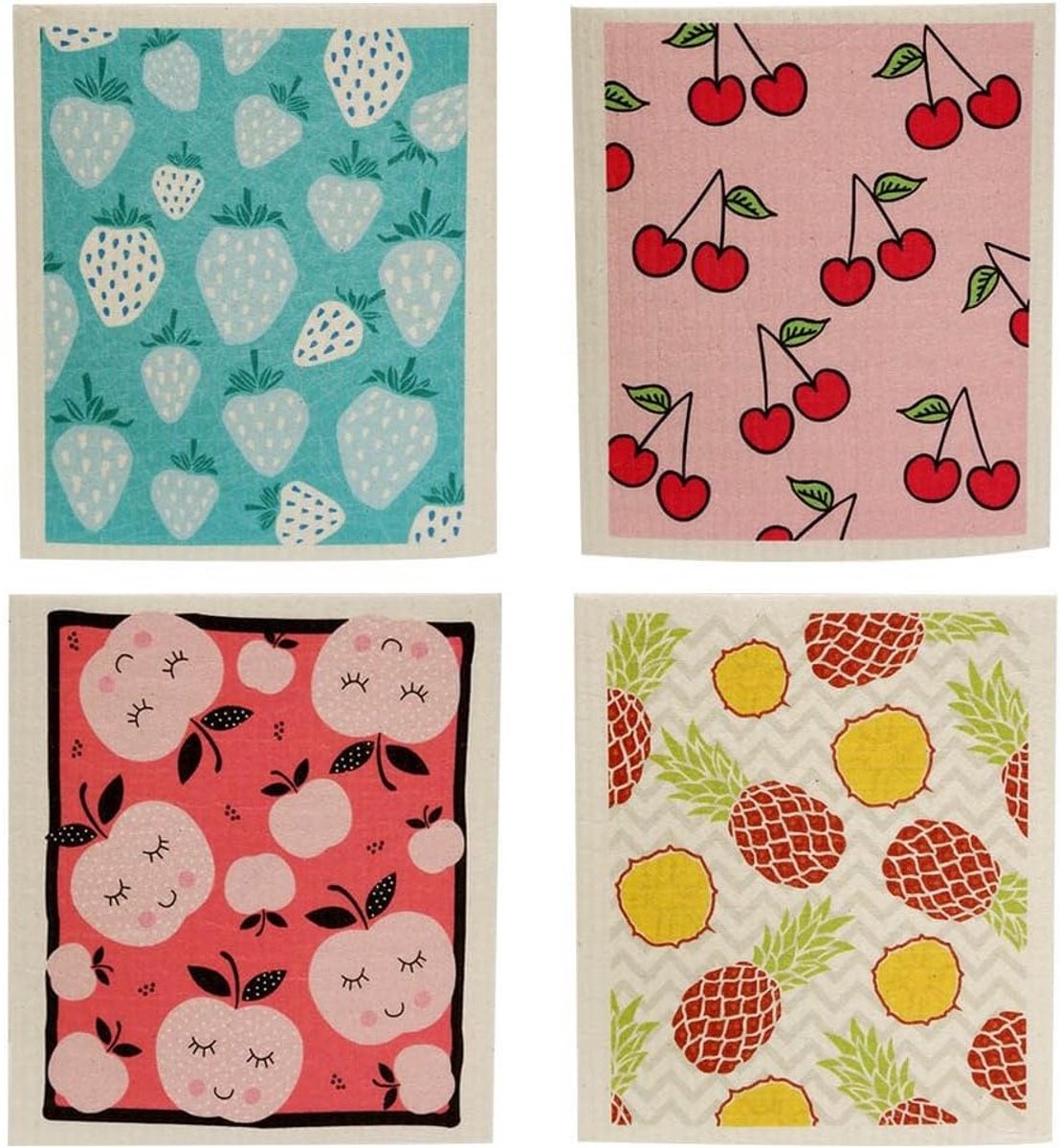 Herbruikbare en Milieuvriendelijke Afwasdoeken - 4 Stuks Absorberende Sponsdoeken voor Keuken, Sneldrogend en Duurzaam Schoonmaakdoekje met Fruitprint