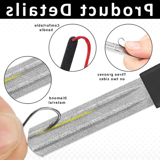 Vishaak slijper met handvat - Dubbelzijdige diamant slijpsteen voor het slijpen van haken, ideaal voor vissen en buitensportactiviteiten. — afbeelding 2
