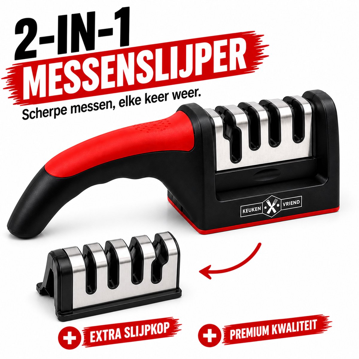Keukenvriend© Luxe 4in1 Professionele Messenslijper met Anti-Slip + Extra Slijpkop - Keuken Messen- en Schaarslijper - Knife sharpener – Doortrekslijper Scherpe messen - Aanzetstaal - 4-in-1 Messenslijper & Scharen - Keramische Slijpstenen