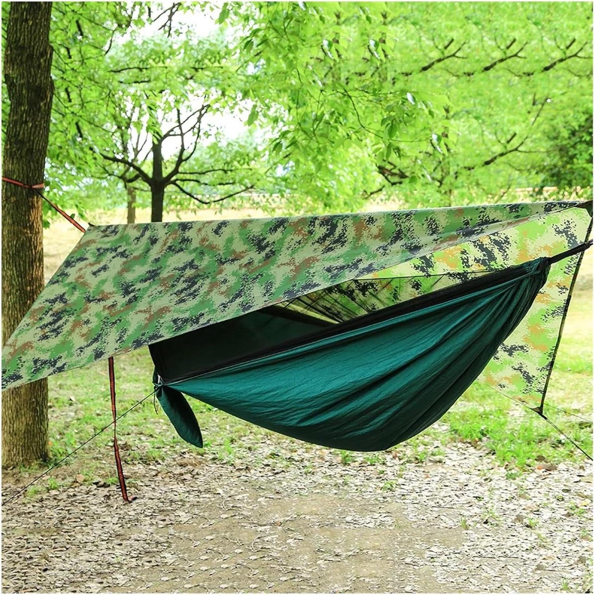 Kampeerhangmat - Dubbele hangmat - Outdoor relaxen - Met klamboe - 1-2 personen - Donkergroen camouflage