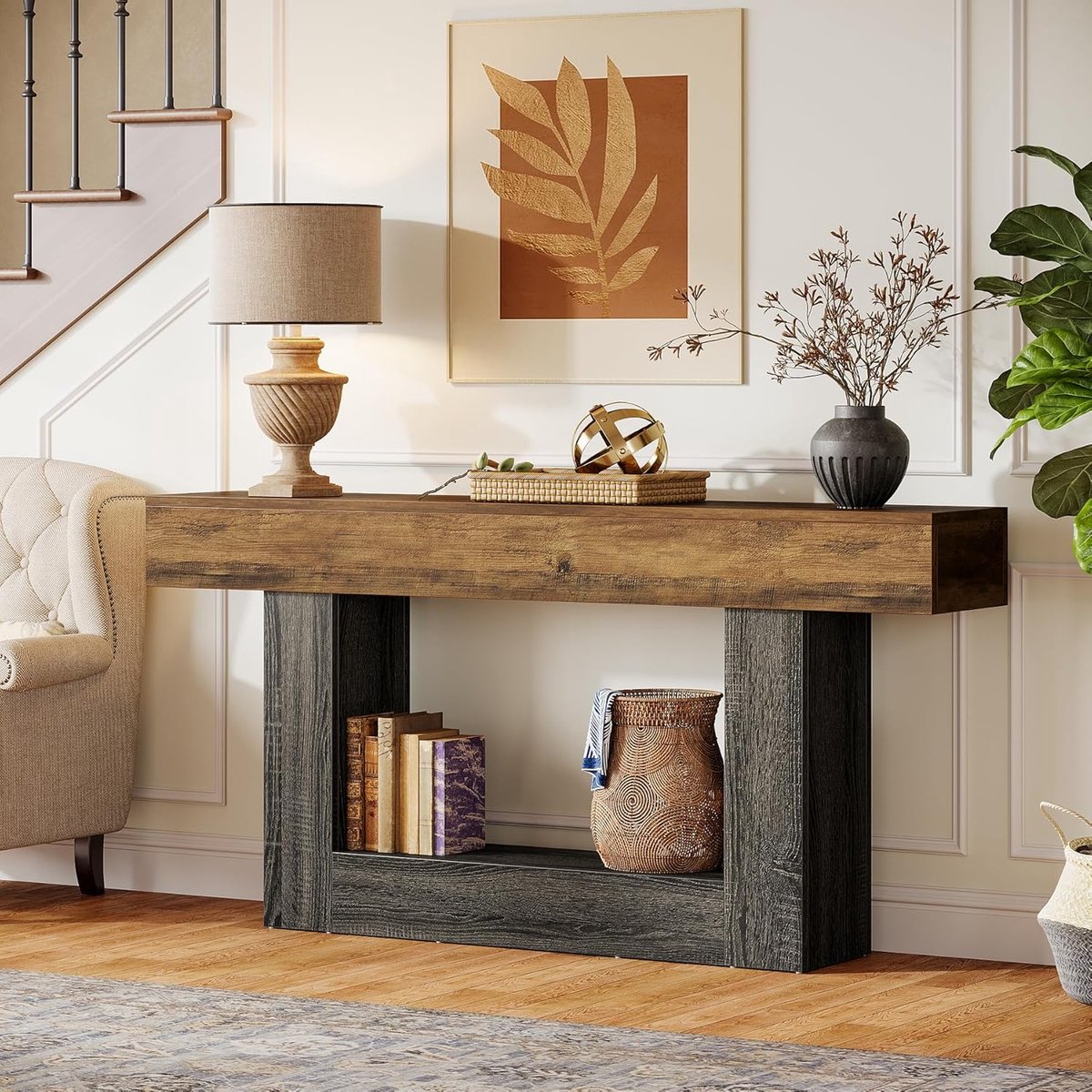 Consoletafel 160 cm met 2 lagen en opbergruimte – rustiek bruin/grijs – smalle haltafel met plank – industriële wandtafel voor woonkamer en entree – Dader