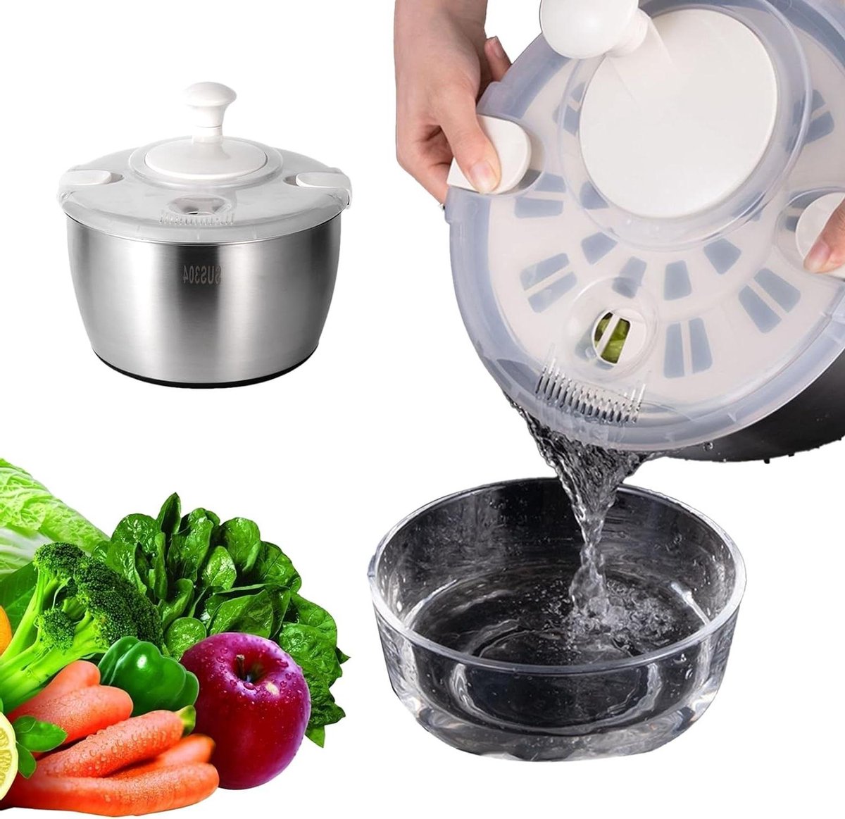 Saladecentrifuge Droger - Groente Droger - Salade Bereiden - Roestvrij Staal - 5 Liter - Zilver
