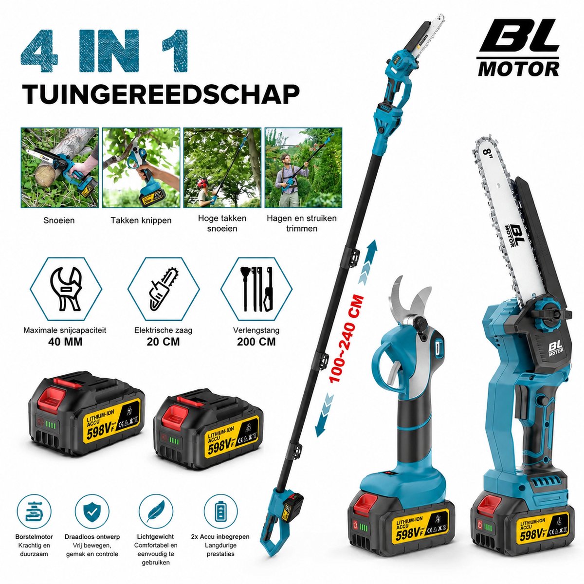Pelor Snoeigereedschap Set 4-in-1 - Kettingzaag - Snoeischaar - Stokzaag - Telescopische Paal - 2 Accu's - 18V