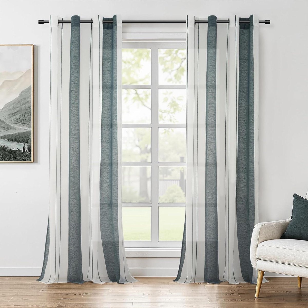 Voile Gordijnen - Stoffen Gordijnen Raambekleding - Woonkamer Decoratie - Garngekleurde Streepjes - 260 x 140 cm - Groen