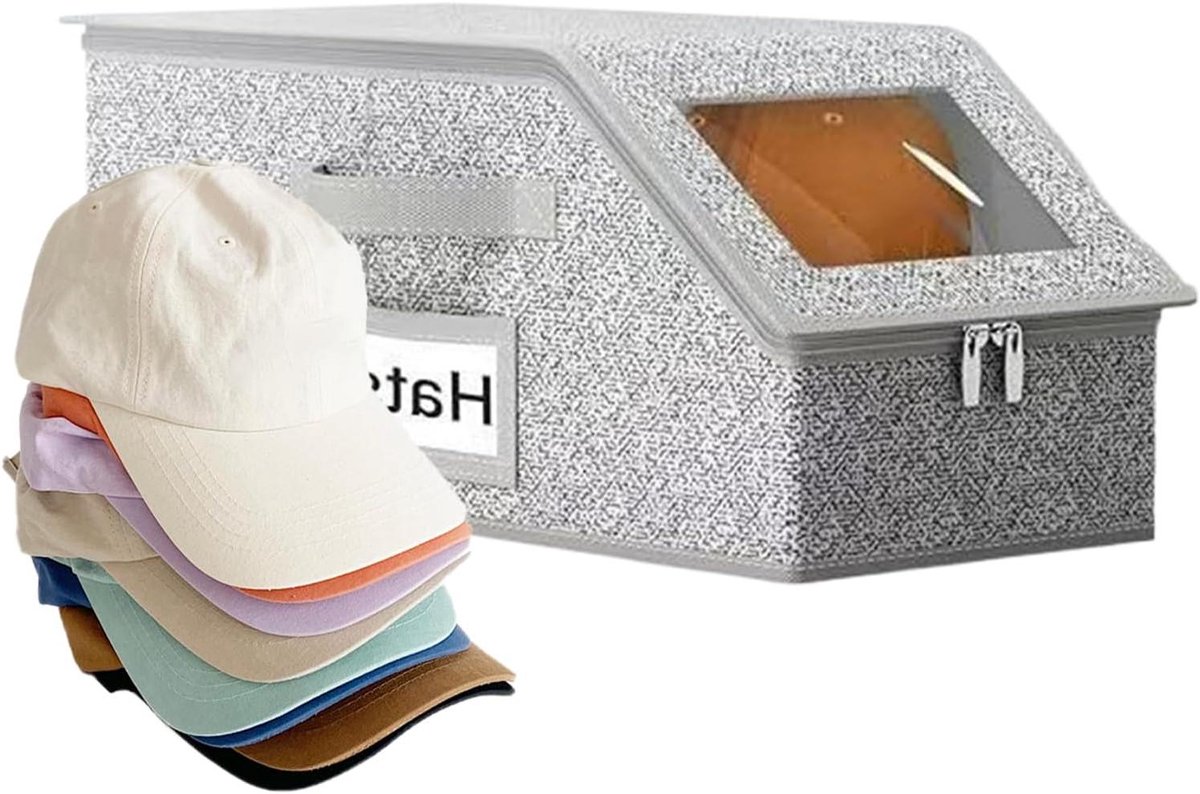 Petten Organizer - Hoedenbak - Garderobe Opruimen - Transparant Deksel - Voor 24 Petten - Grijs