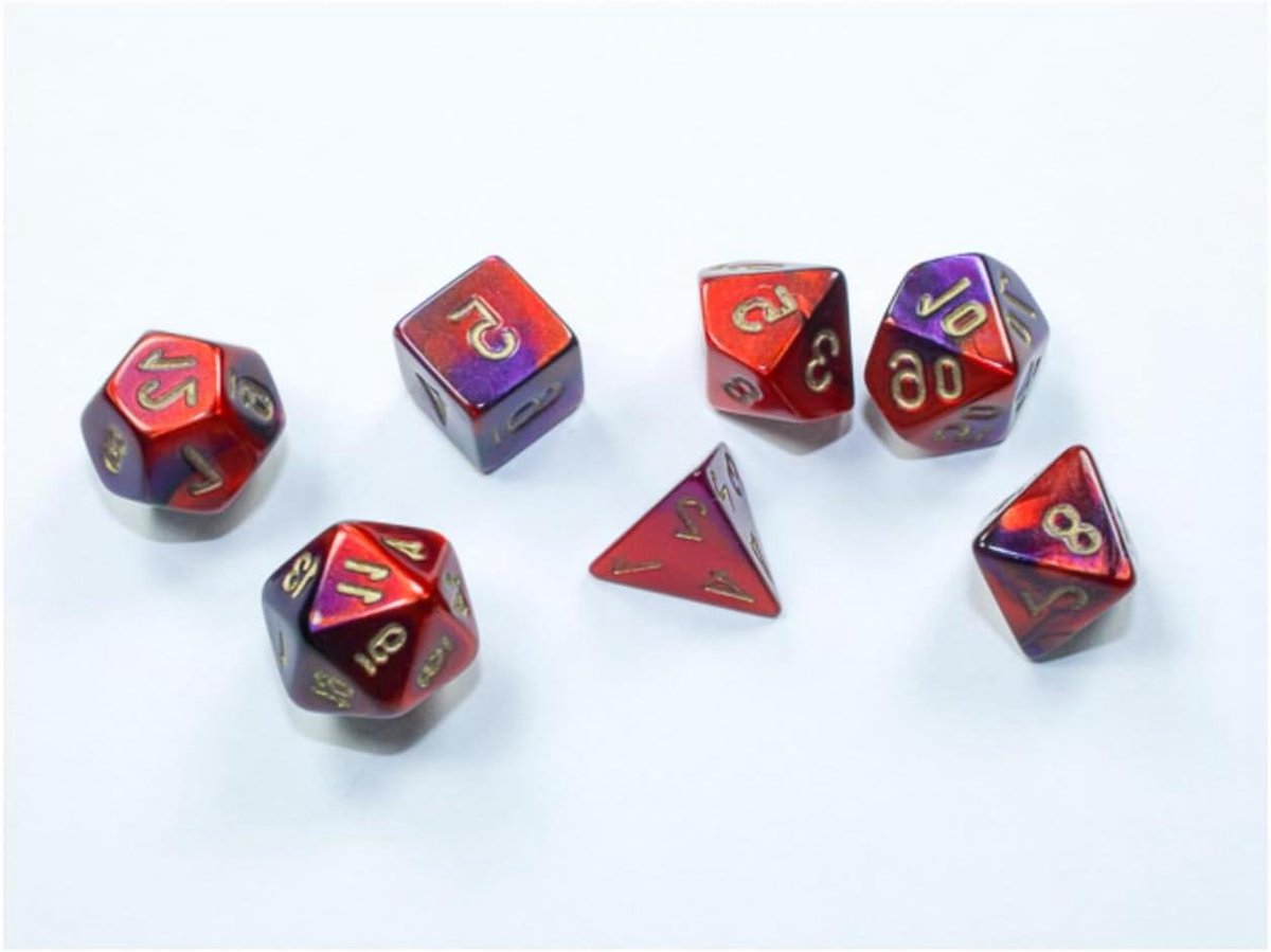Veelvlaks Dobbelstenen - Mini Dobbelstenen - Spelavonden Organiseren - Goudkleurige Cijfers - 10mm Set van 7 - Paars en Rood