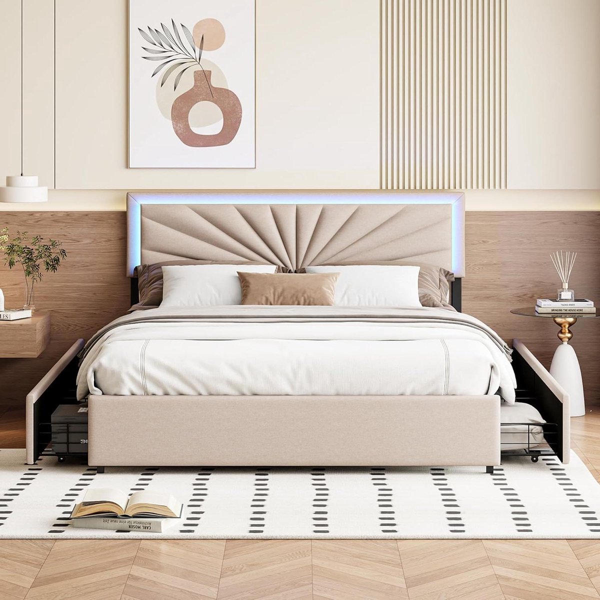 Gestoffeerd Tweepersoonsbed - Bed met Laden - Ruimte Besparen - Geïntegreerde LED Verlichting - 140x200cm - Beige