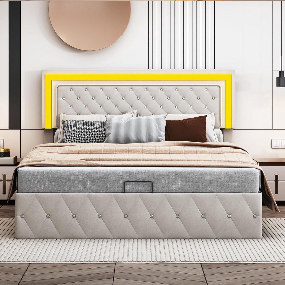 Tweepersoonsbed met Opbergruimte - Gestoffeerd led bed - Slaapkamer Inrichten - Verstelbaar hoofdeinde - 140 x 200 cm - Beige