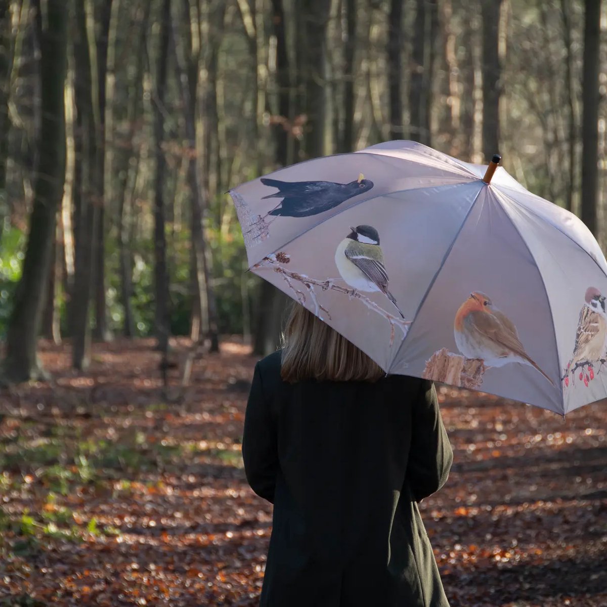 Paraplu najaarsvogels B 120 X D 120 X H 96 - Polyester, Staal, Schima superba hout - 434 gram - herfst- en najaarscollectie - beschermd tegen regen en sneeuw