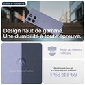 Lichtpaarse smartphone met logo, 'Surface douce au toucher' en 'Résistance à l'eau et aux températures extrêmes IP68 et IP69'.