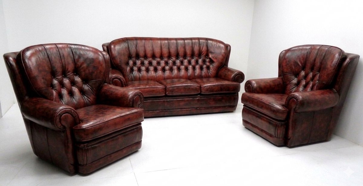 Chesterfield klassiek bankstel NEW CASTLE 3+1+1 zits leder Burgundy (Bordo)