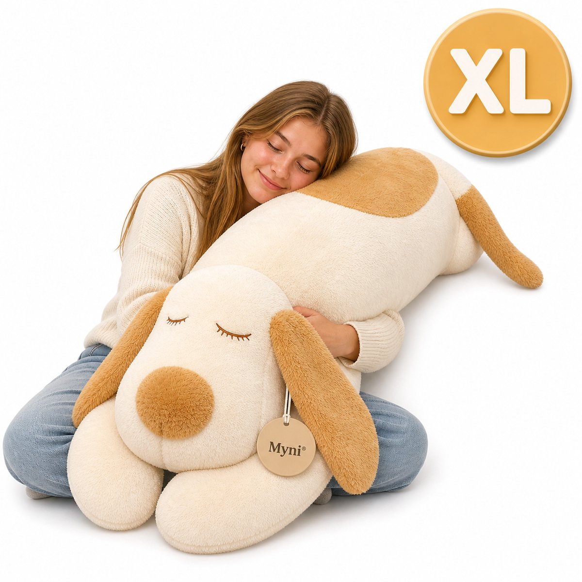 Myni® XL Honden Knuffel 100 cm – Extra Grote Pluche Knuffelhond – Superzacht Slaap- & Knuffelmaatje – Cadeau voor Kinderen & Tieners