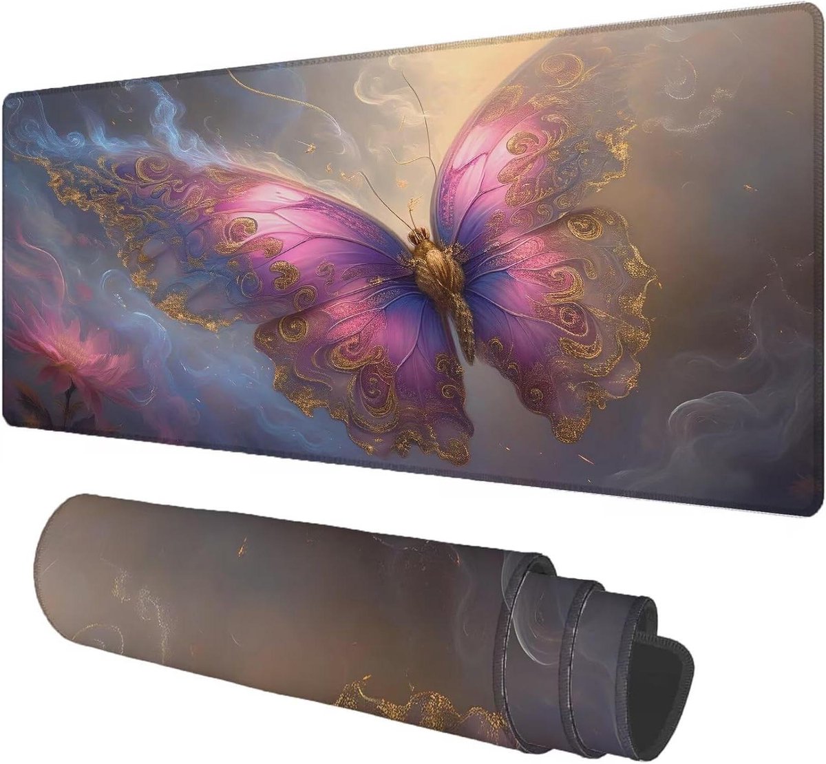 XXL Muismat - Bureauonderlegger Onderlegger - Precisie en Snelheid - Antislip Rubberen Basis - 1400x700 mm - Roze Vlinder